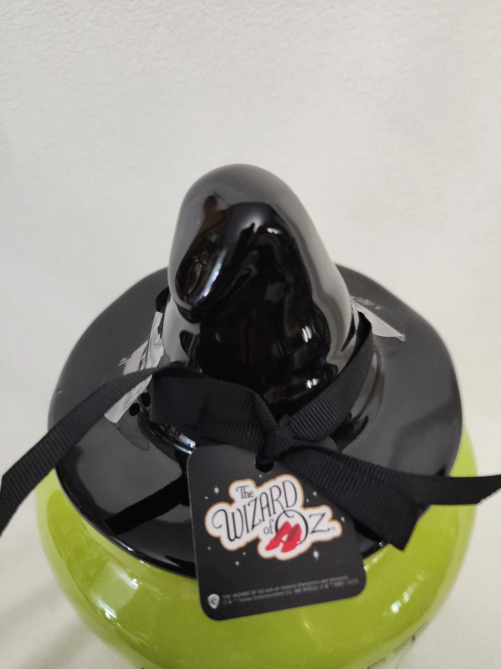 Halloween Green Ceramic Treat Jar with Black Witch Hat Lid Wizard Of Oz